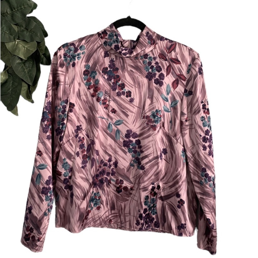 Pendleton Silk Turtleneck Long Sleeve Purple Floral Top Size 12 Petite